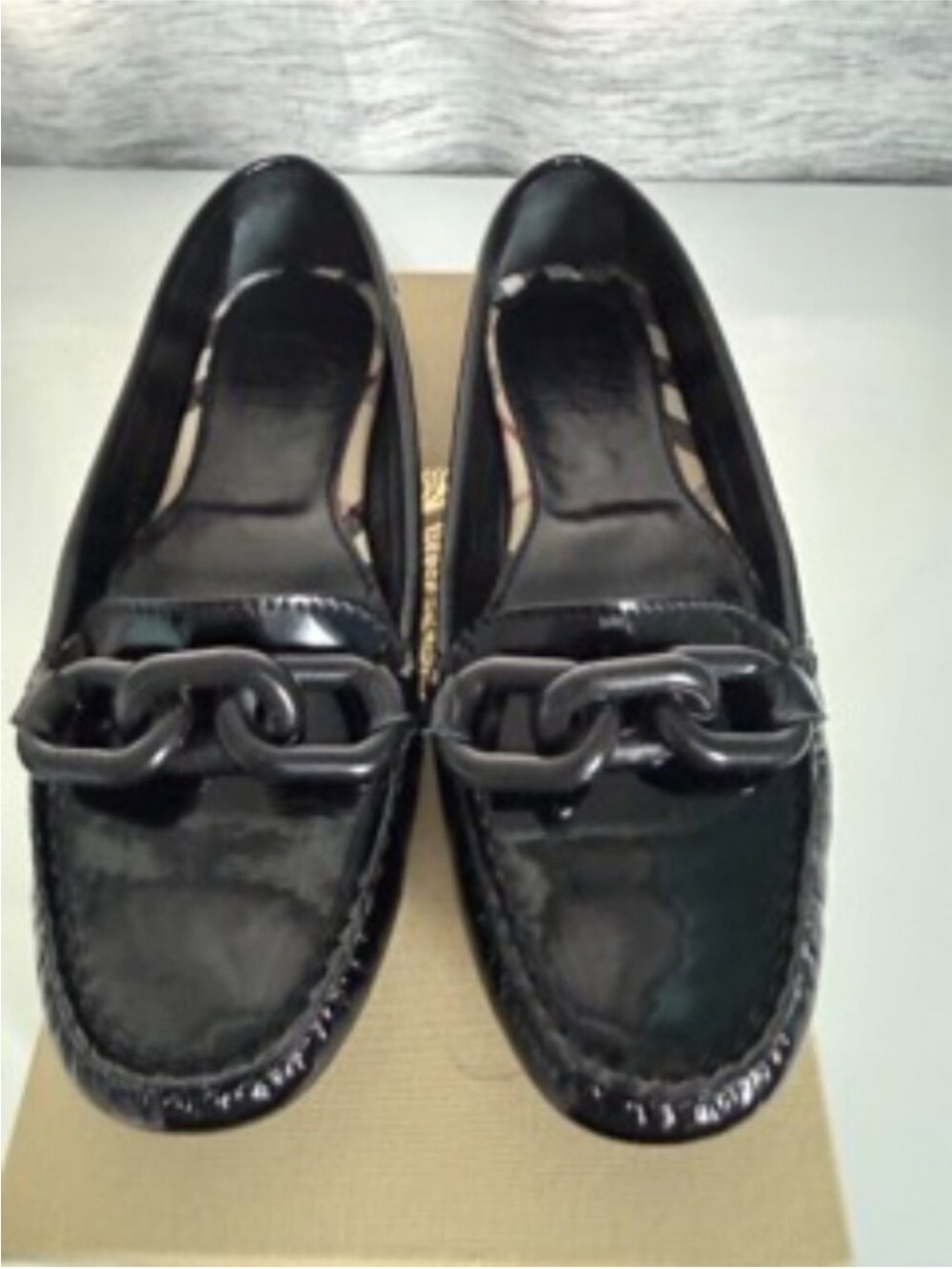 Burberry Black Patent Leather Chain-Trim Loafers